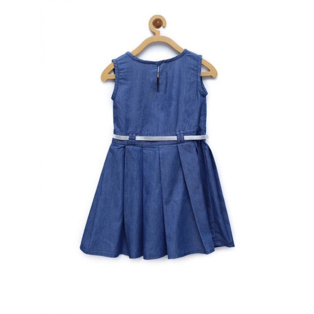 Generic Girl's Denim Embellished Sleeveless Dress with Belt (Blue) Secondary image