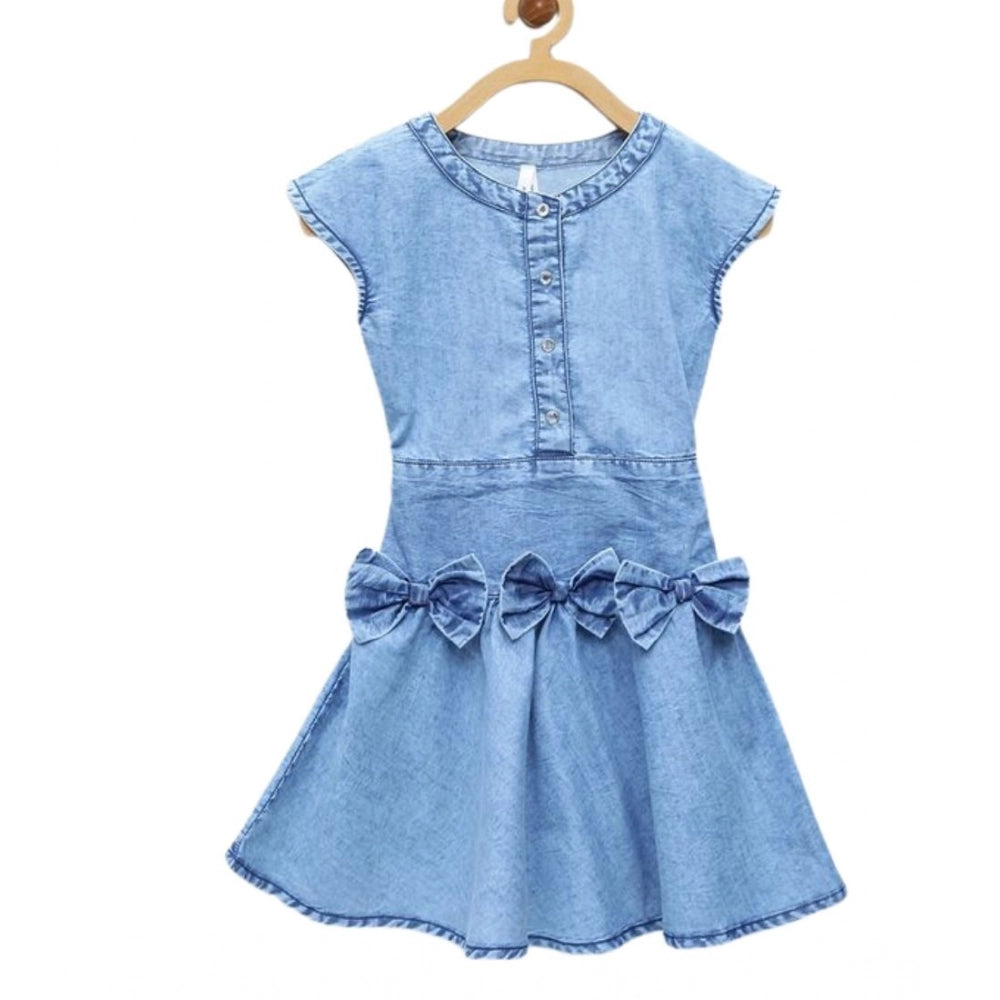 Generic Girl's Denim Embellished Cap Sleeve bow Dress (Light Blue) Main image