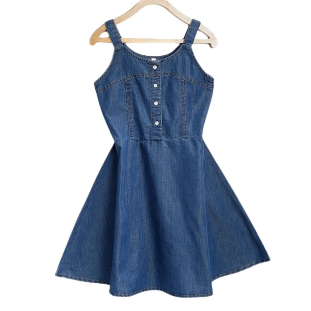 Generic Girl's Denim Printed Short Sleeve Dress with Straps (Blue) Main image