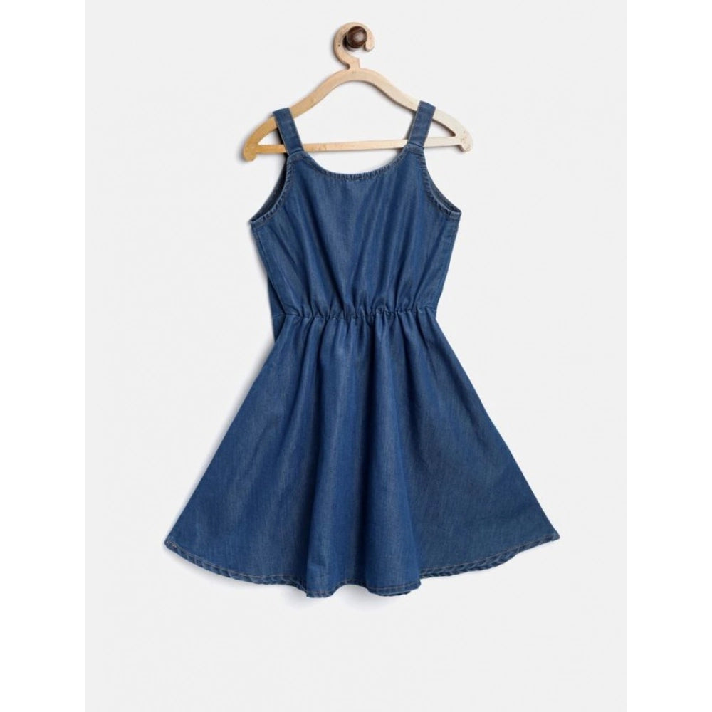 Generic Girl's Denim Printed Short Sleeve Dress with Straps (Blue) Secondary image