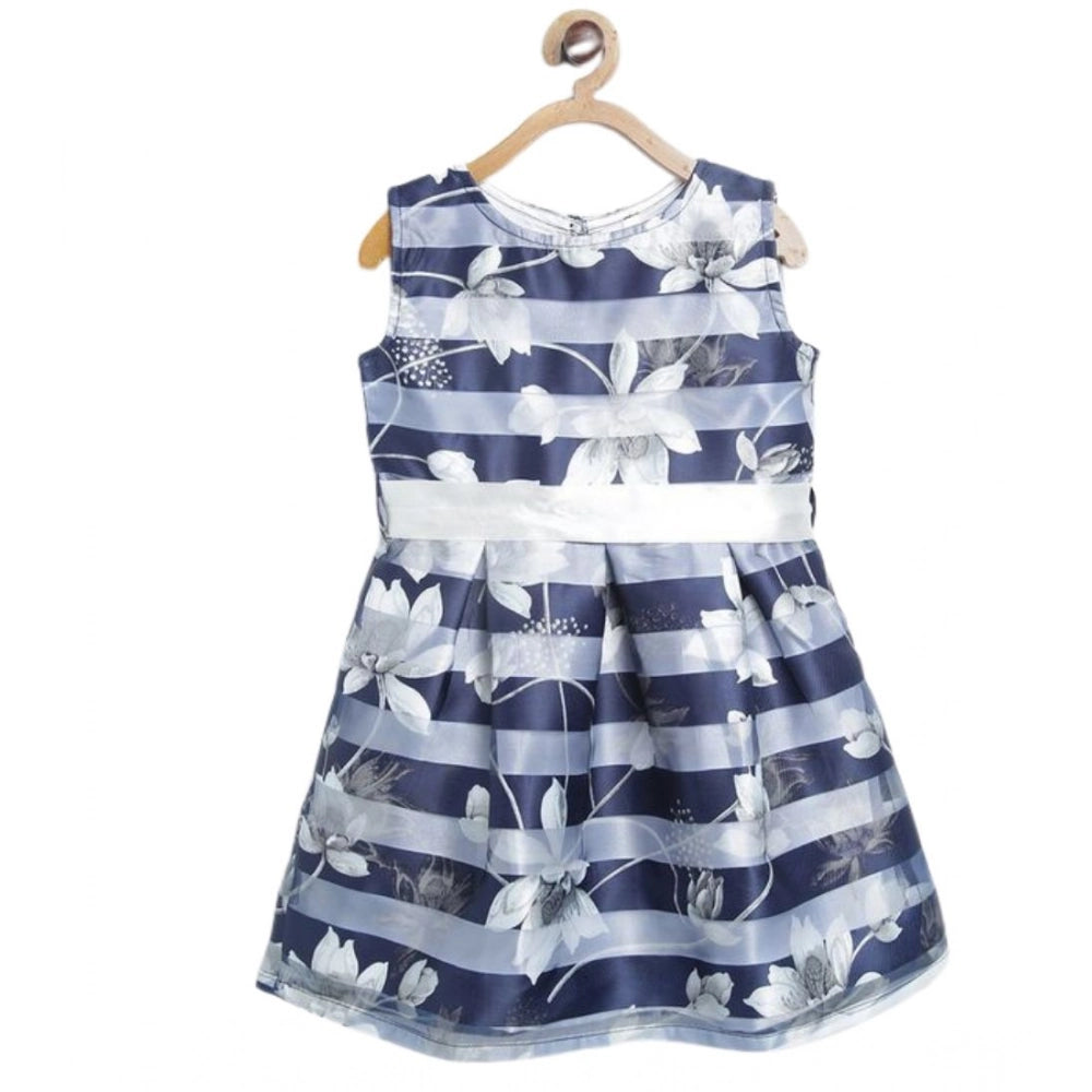 Generic Girl's Polyester Striped Sleeveless Dress (Navy Blue) Main image