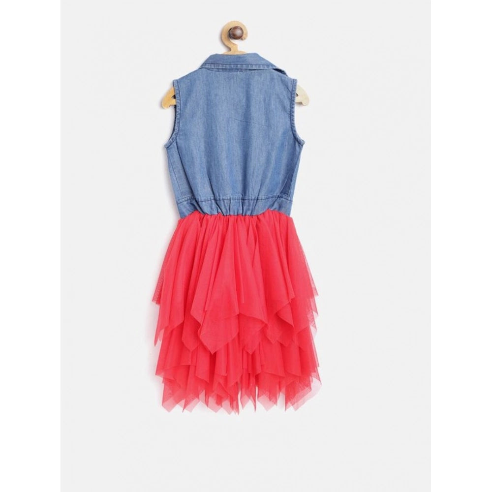 Generic Girl's Denim Roll Up Buttoned Dress (Blue-Red) Secondary image