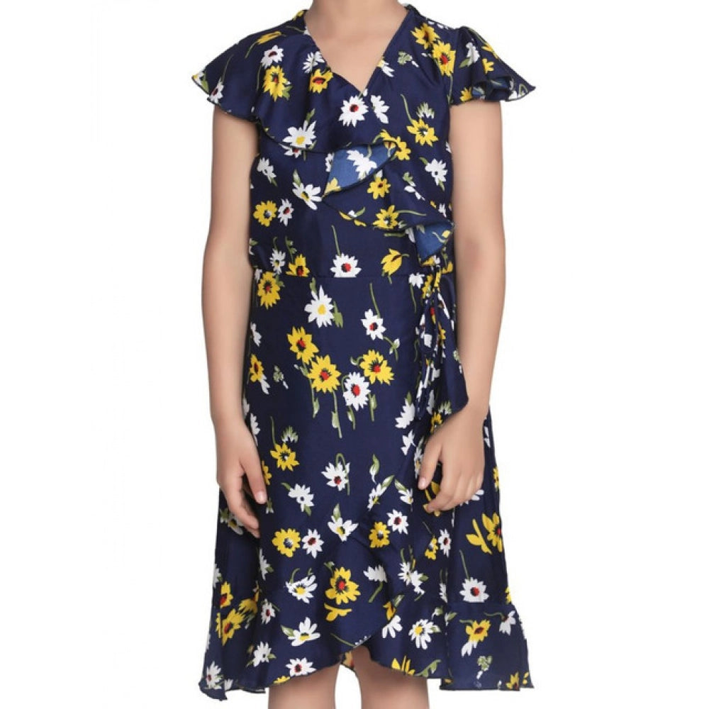 Generic Girl's Polyester Crepe Polka Cold Shoulder Dress (Navy Blue) Main image