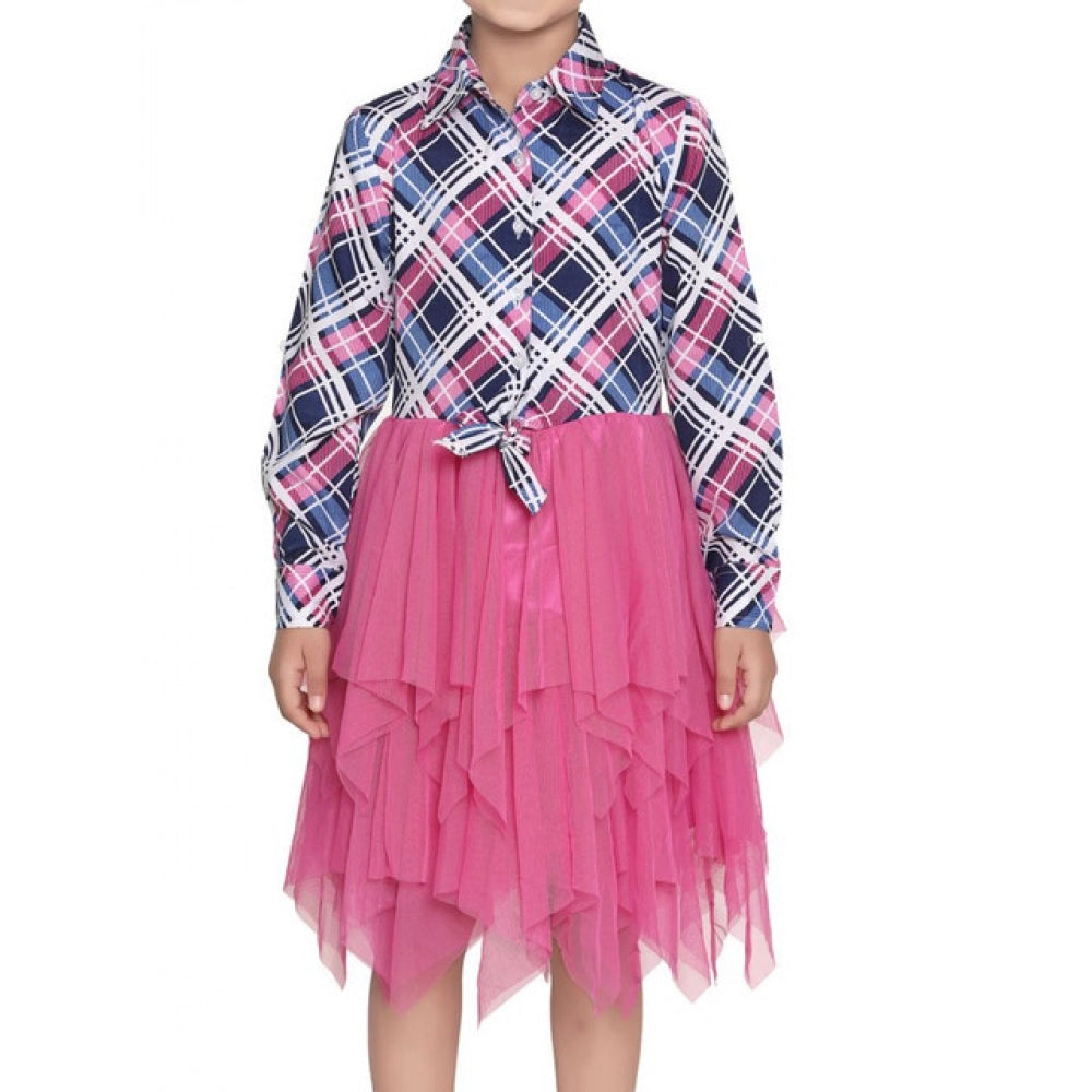 Generic Girl's Polyster Crepe Lace Inserts Long Sleeves Dress (Pink-Blue) Main image
