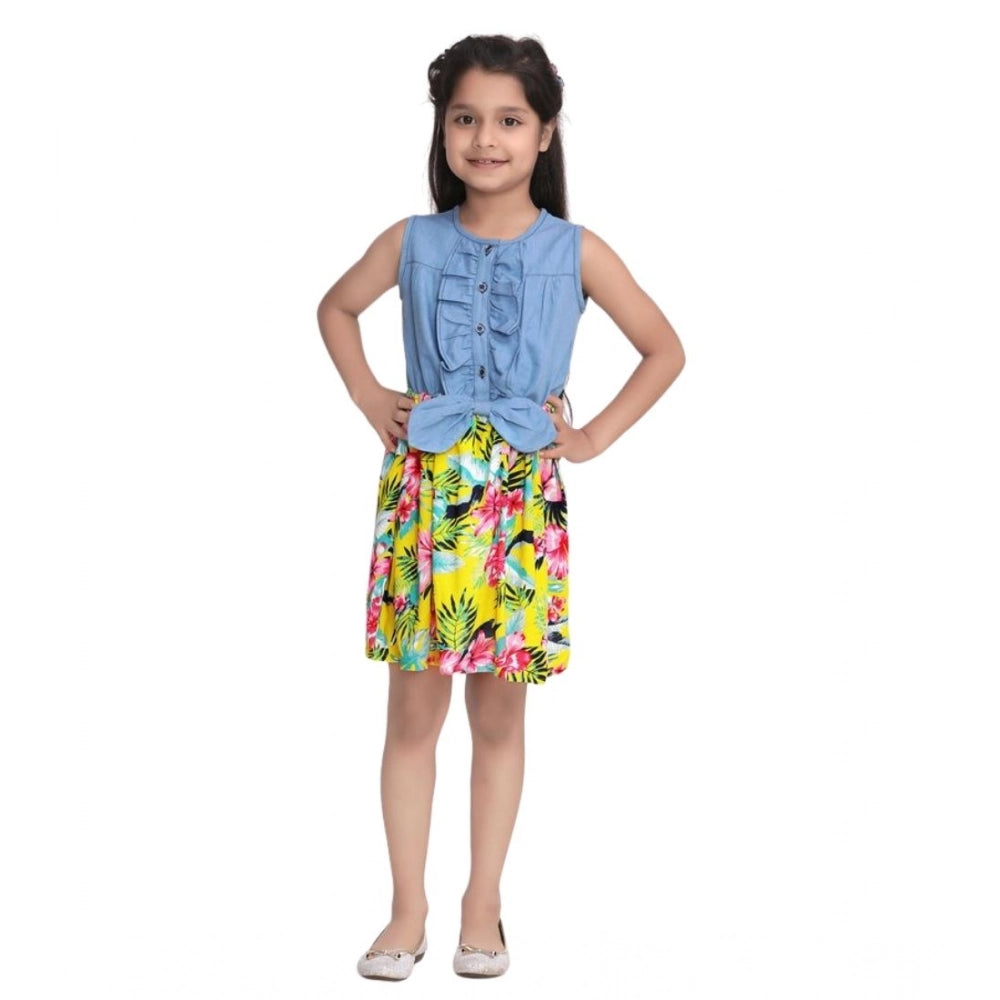 Generic Girl's Denim Floral Sleeveless Dress (Blue-Yellow) Secondary image