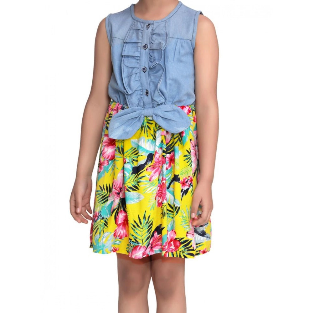 Generic Girl's Denim Floral Sleeveless Dress (Blue-Yellow) Main image