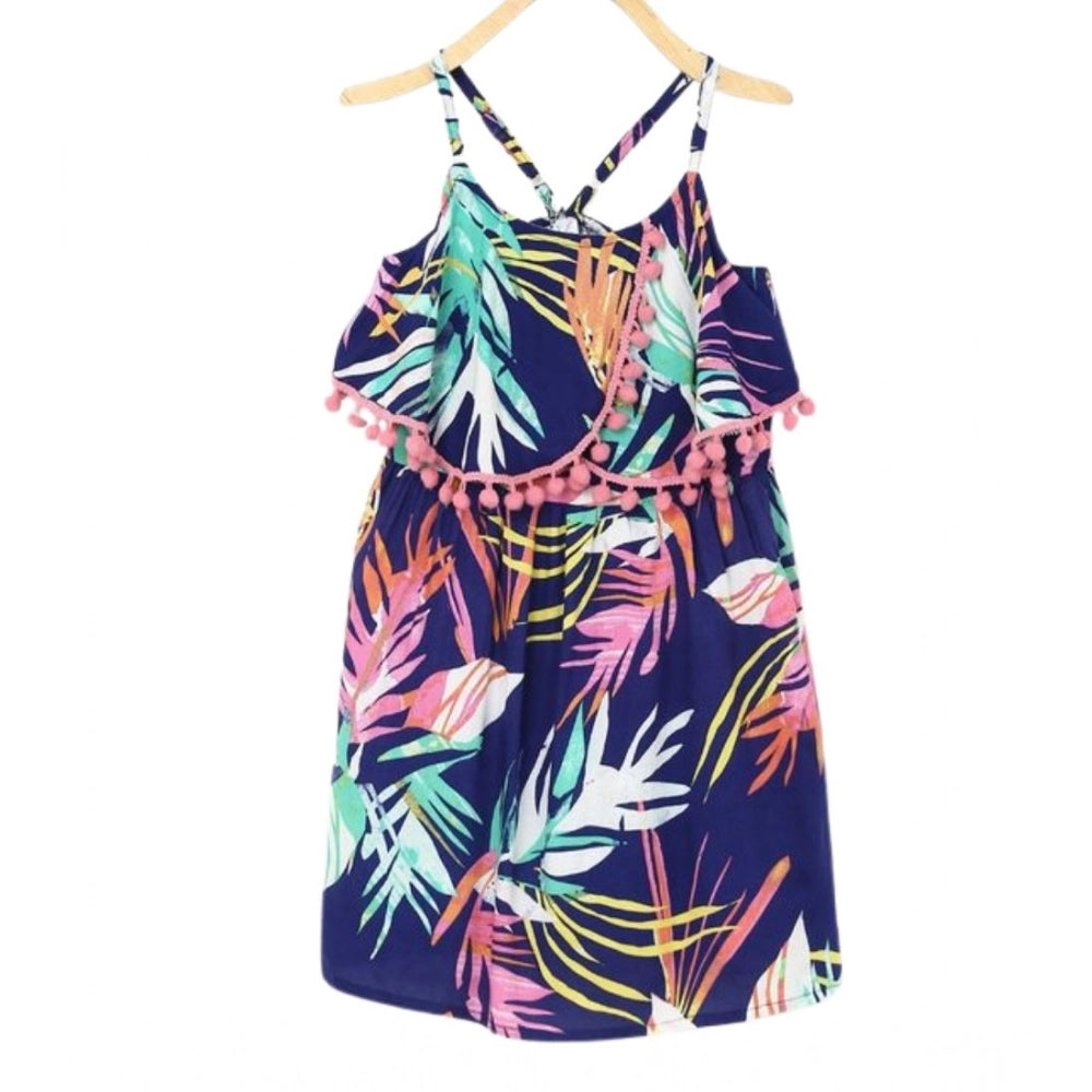 Generic Girl's Rayon Printed Shoulder Straps Dress (Navy Blue) Main image