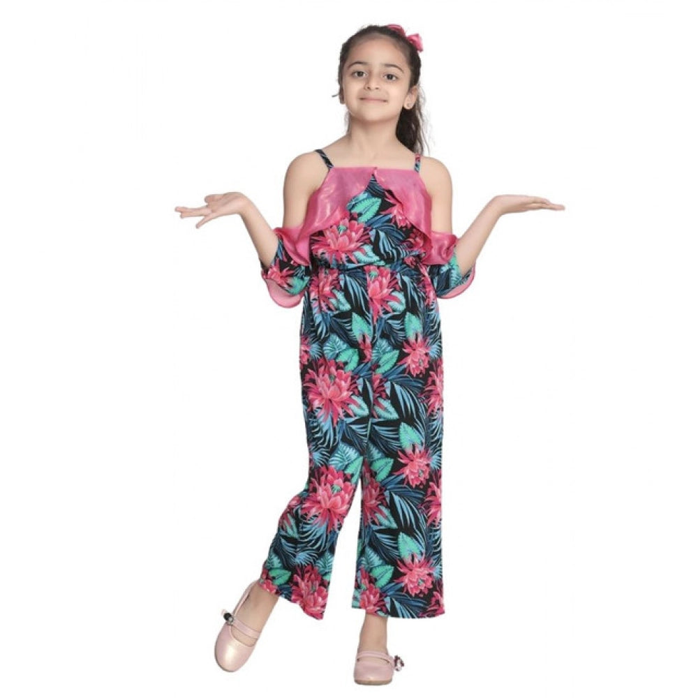 Generic Girl's Polyester Floral Cold Shoulder Jumpsuit (Pink) Secondary image