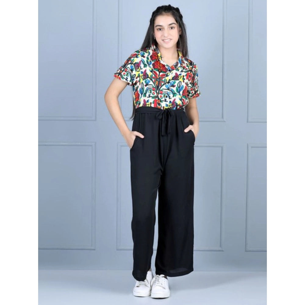 Generic Girl's Polyester Printed Short Sleeves Jumpsuit (Multicolor-Black) Main image
