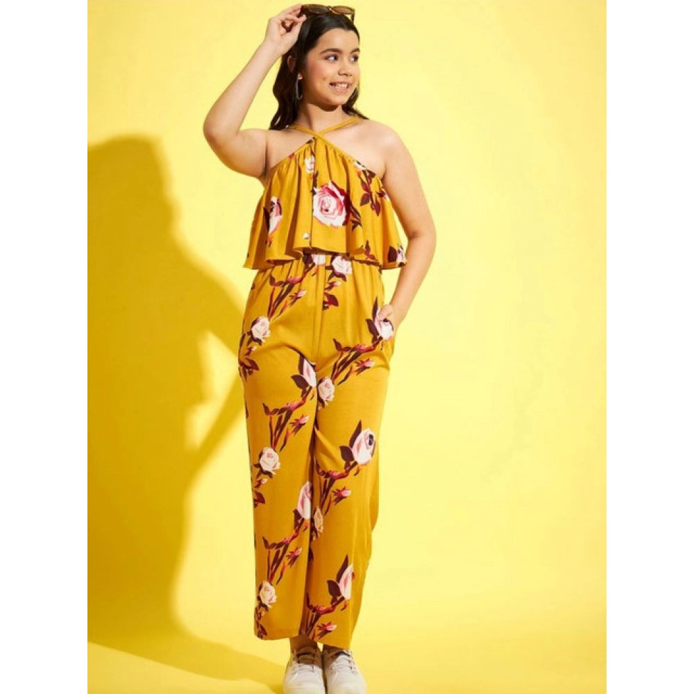 Generic Girl's Polyester Crepe Floral Sleeveless Jumpsuit (Mustard) Main image