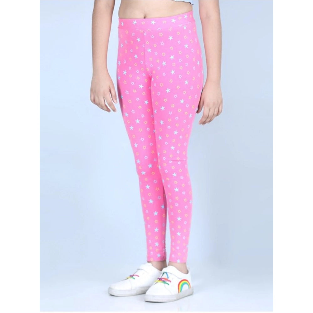 Generic Girl's Cotton Lycra Printed Elasticated Leggings (Pink) Main image