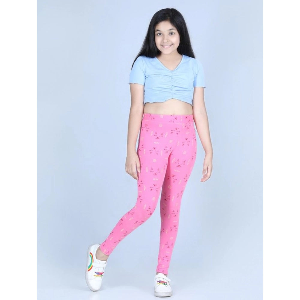 Generic Girl's Cotton Lycra Printed Elasticated Leggings (Pink) Main image