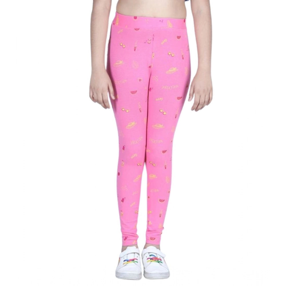 Generic Girl's Cotton Lycra Printed Elasticated Leggings (Pink) Secondary image