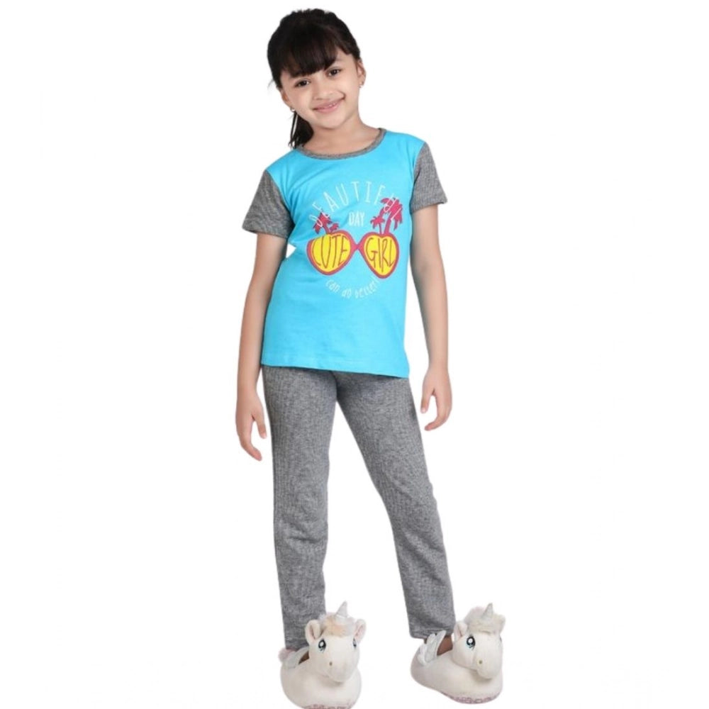 Generic Girl's Cotton Hosiery Printed Night Suit Set (Blue-Grey) Secondary image