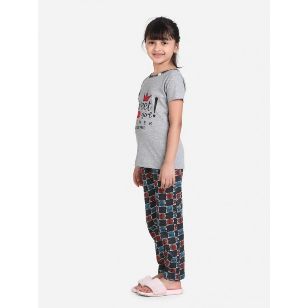 Generic Girl's Cotton Hosiery Printed Night Suit Set (Grey-Red) Secondary image