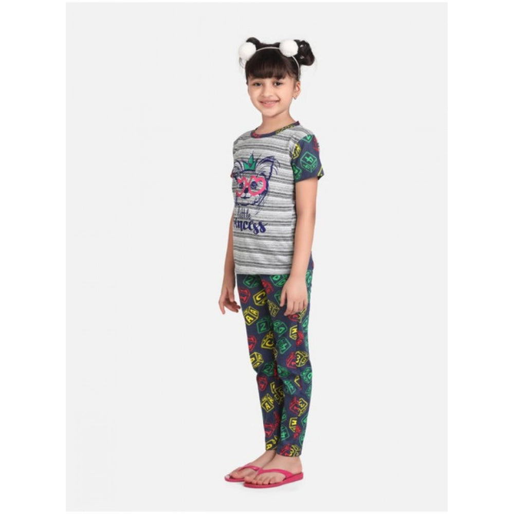 Generic Girl's Cotton Hosiery Printed Night Suit Set (Grey-Green) Secondary image