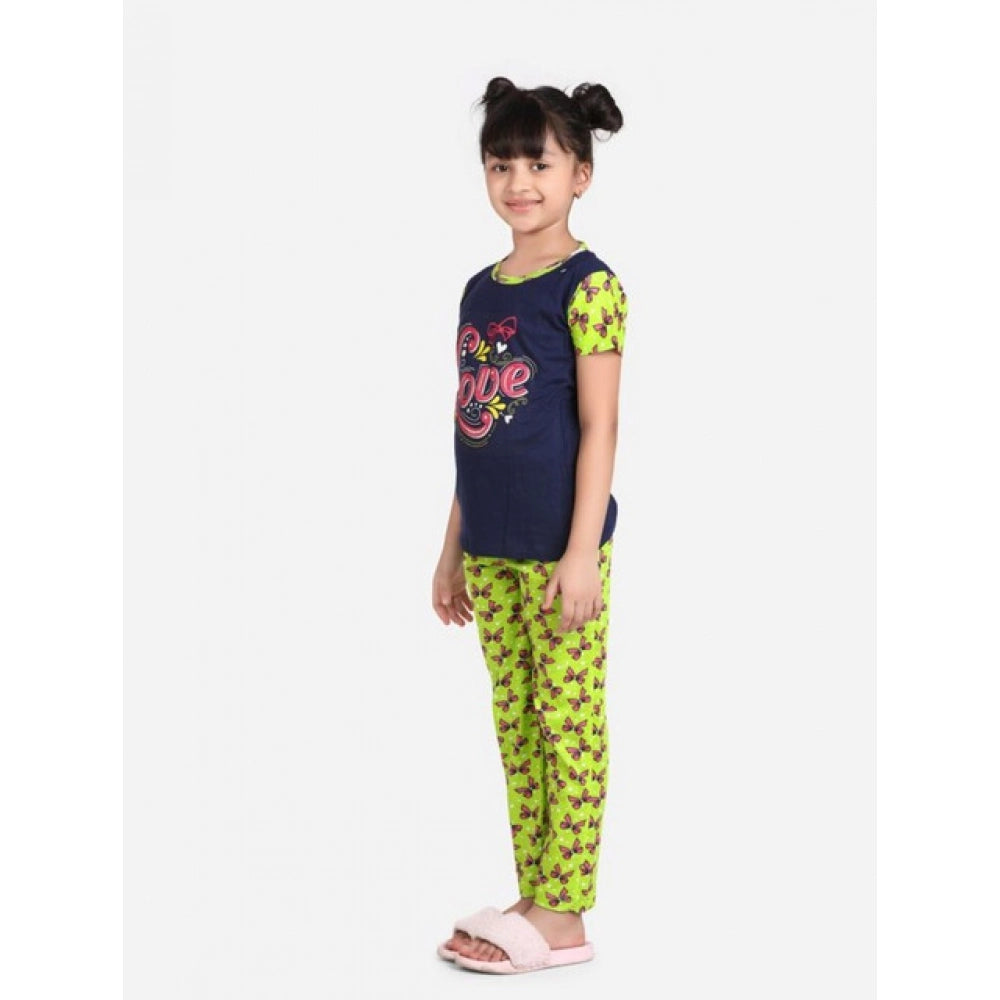 Generic Girl's Cotton Hosiery Printed Night Suit Set (Navy-Green) Main image