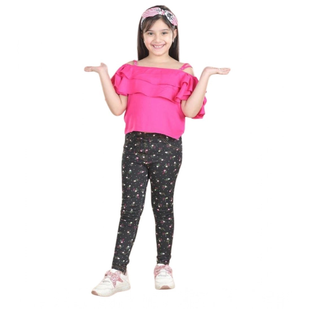 Generic Girl's Cotton Floral Elasticated Jegging and Top Set (Pink) Secondary image