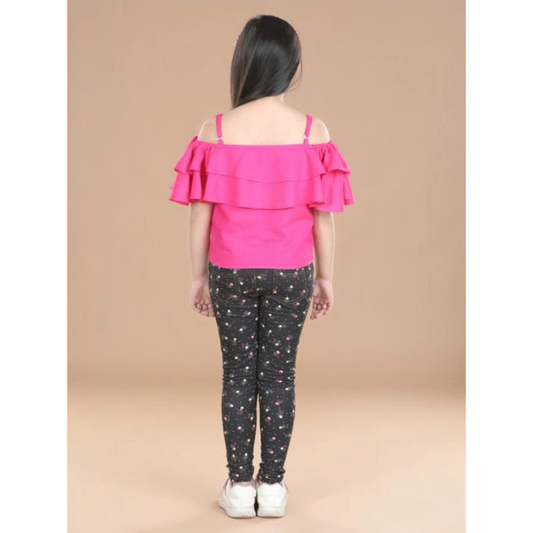 Generic Girl's Cotton Floral Elasticated Jegging and Top Set (Pink)