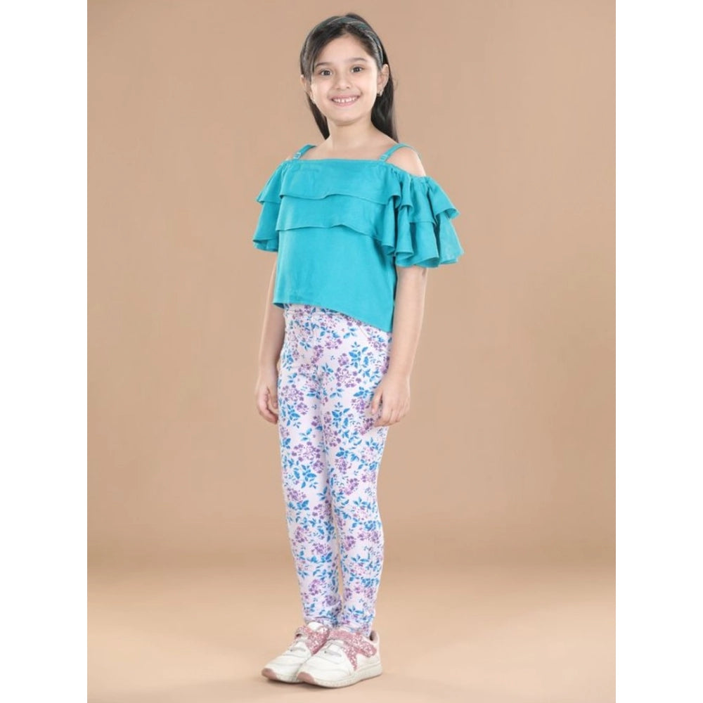 Generic Girl's Cotton Floral Elasticated Jegging and Top Set (Turquoise Blue) Main image