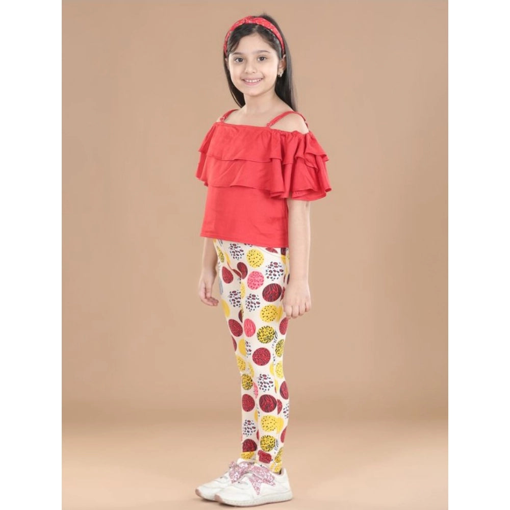 Generic Girl's Cotton Floral Elasticated Jegging and Top Set (Red) Main image