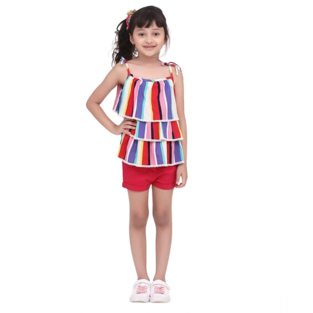 Generic Girl's Polyester Crepe Striped Tie Ups Shorts Set (Multicolor) Secondary image