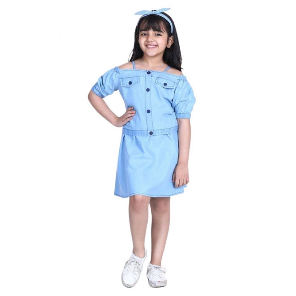 Generic Girl's Denim Solid Cold Shoulder Top and Skirt Set (Light Blue) Secondary image