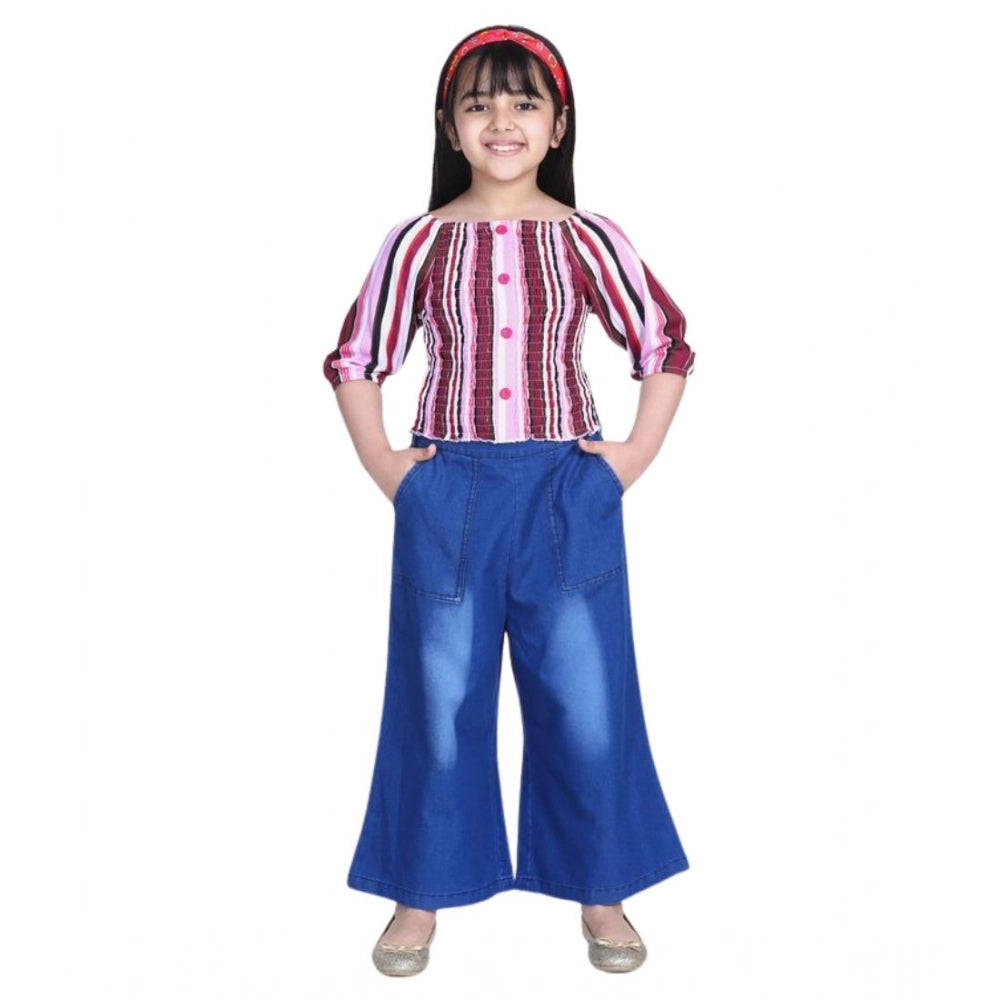 Generic Girl's Rayon Solid Bell Sleeve Top with Culottes (Purple-Blue) Secondary image