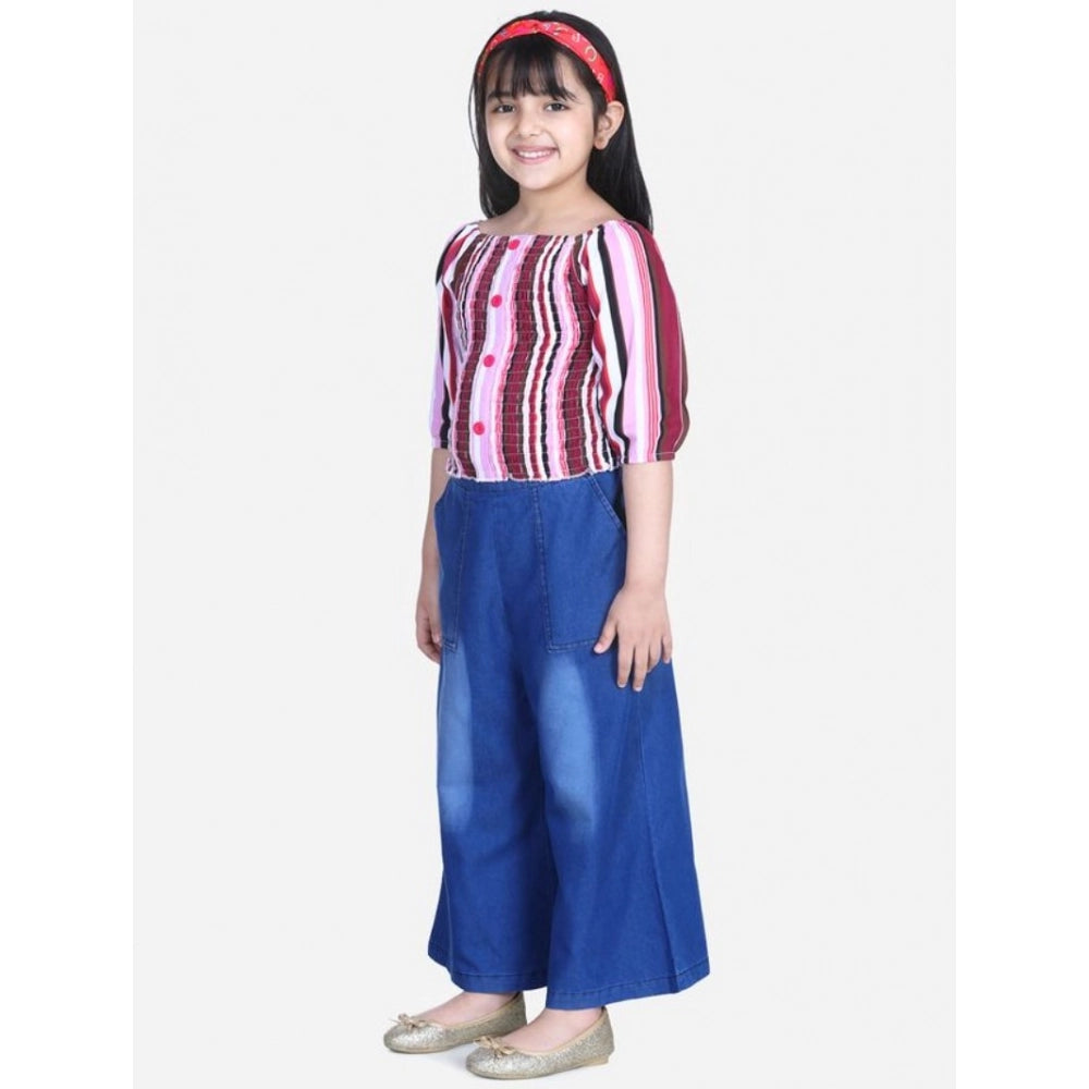 Generic Girl's Rayon Solid Bell Sleeve Top with Culottes (Purple-Blue) Main image