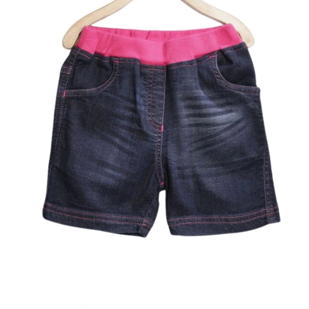 Generic Girl's Denim Ribbed Elasticated Shorts (Pink-Blue) Main image