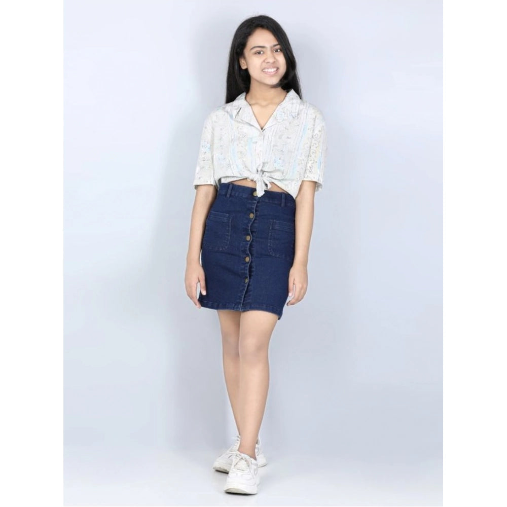 Generic Girl's Denim Solid Buttoned Skirt (Navy Blue) Main image