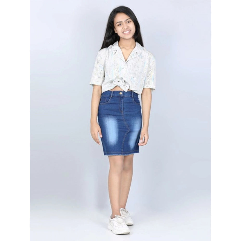 Generic Girl's Denim Solid Buttoned Skirt (Blue) Main image