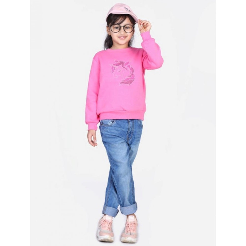 Generic Girl's Fleece Embellished Long Sleeves Sweatshirt (Pink) Main image