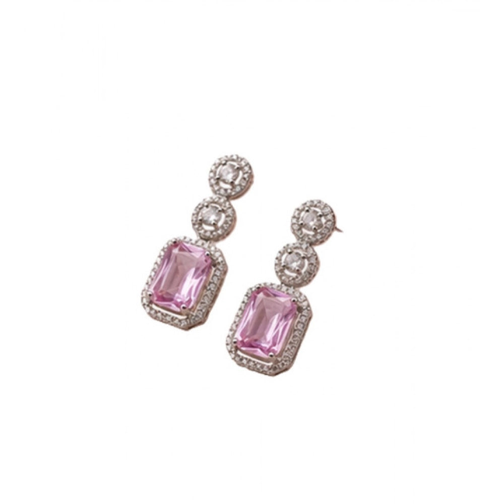 Generic Women's Brass Silver Plated Drop Earrings (Pink) Secondary image