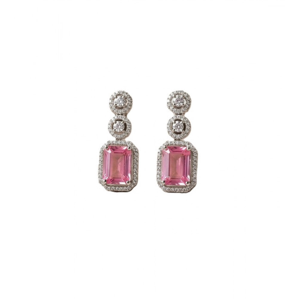 Generic Women's Brass Silver Plated Drop Earrings (Pink) Secondary image