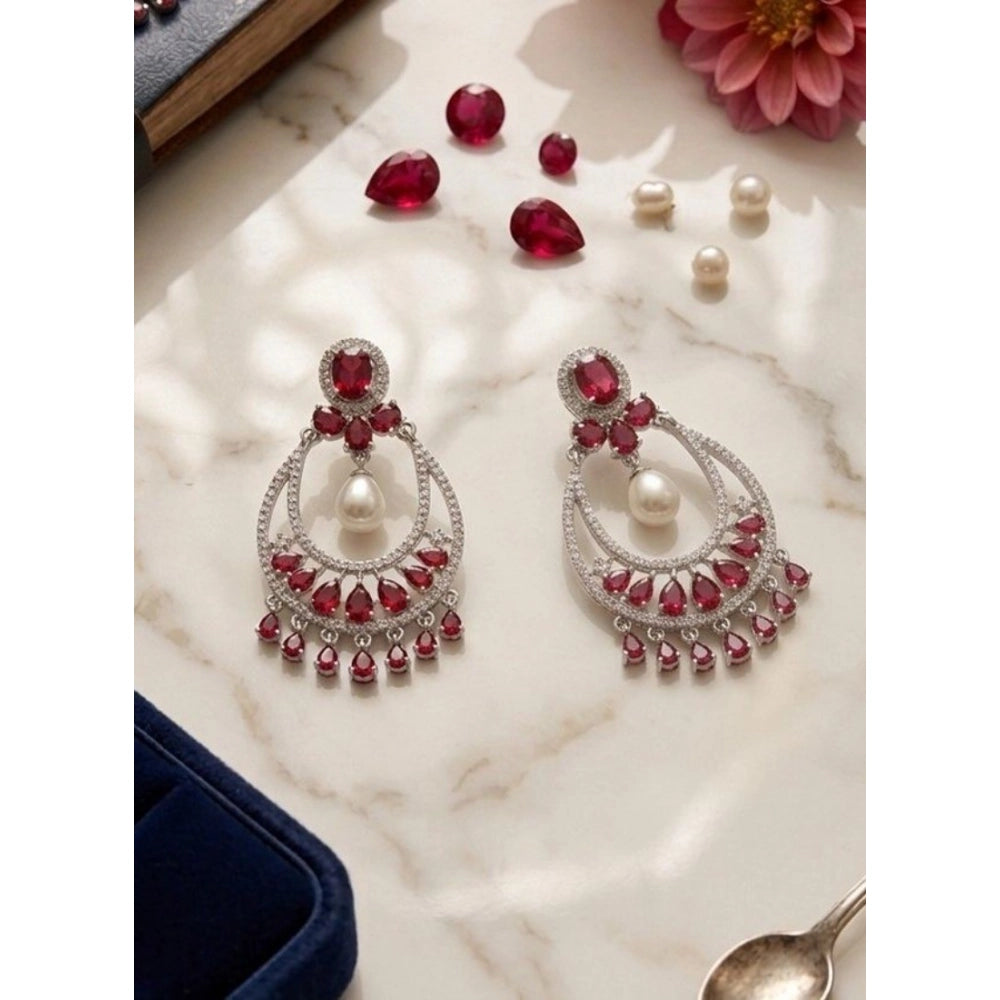 Generic Women's Brass Silver Plated Chandbali Earrings (Red) Main image