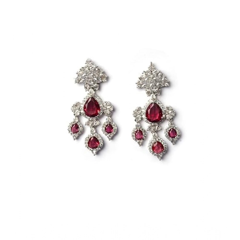 Generic Women's Brass Silver Plated Drop Earrings (Red) Secondary image