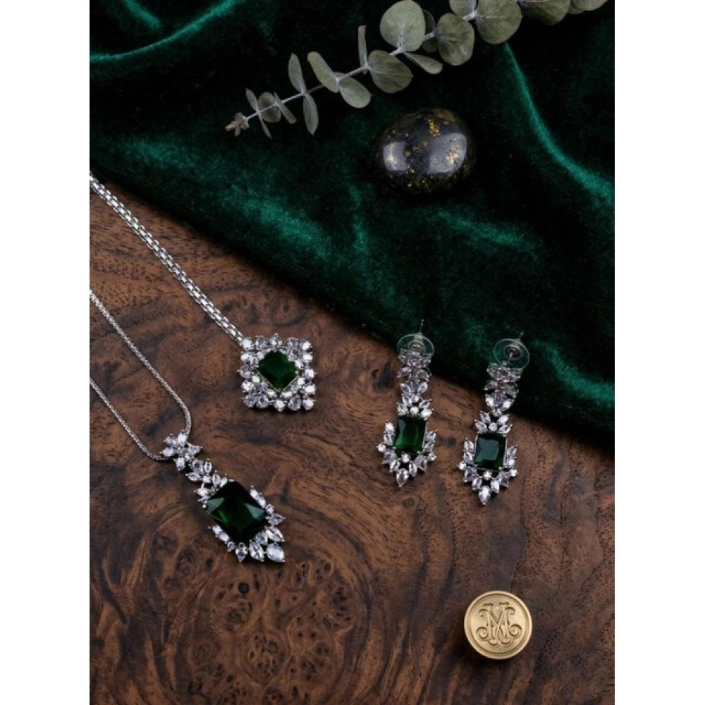 Generic Women's Brass Silver Plated Pendant Set (Green) Main image