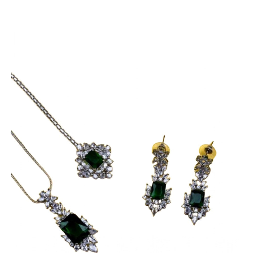 Generic Women's Brass Silver Plated Pendant Set (Green) Secondary image