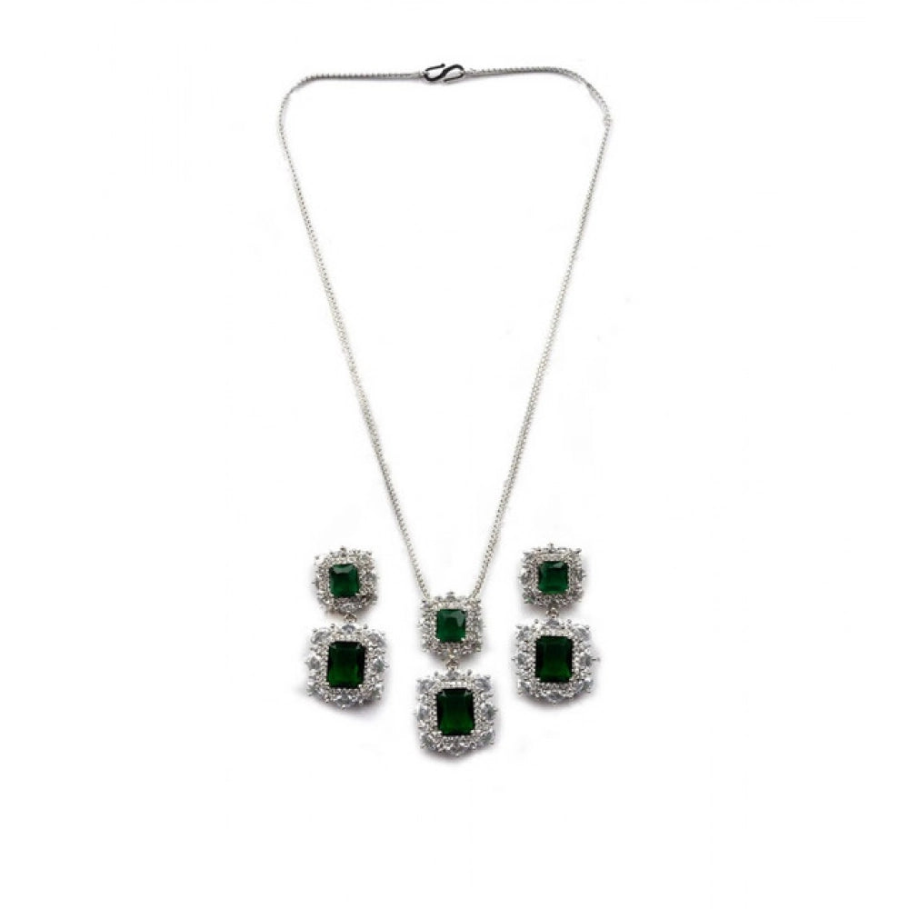 Generic Women's Brass Silver Plated Pendant Set (Green) Secondary image