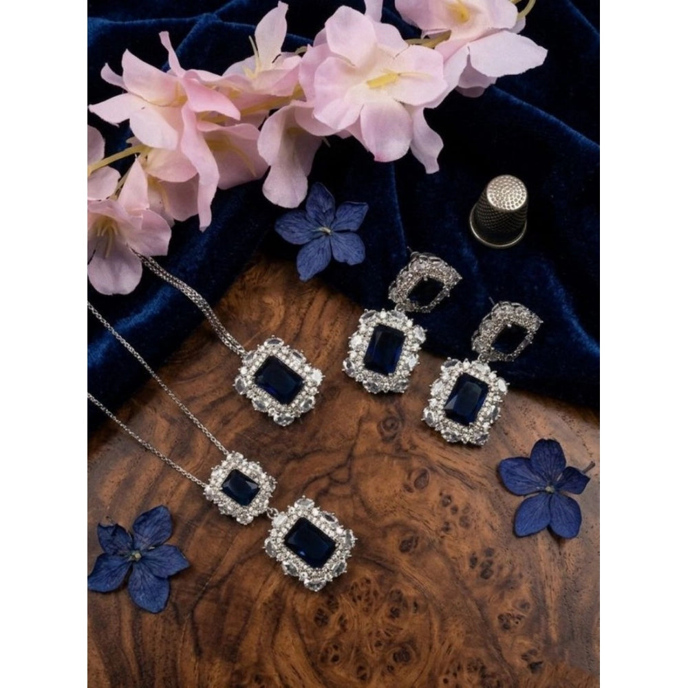Generic Women's Brass Silver Plated Pendant Set (Blue) Main image