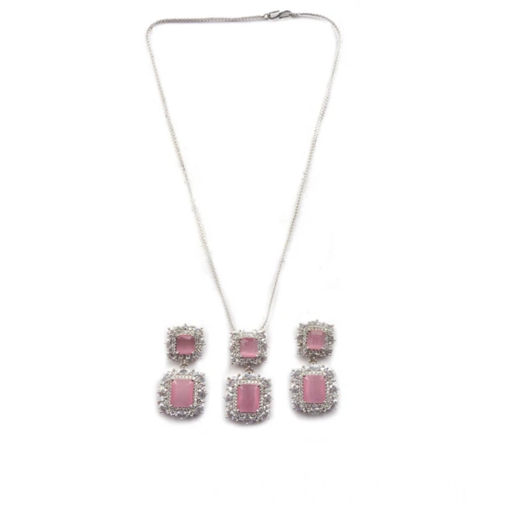 Generic Women's Brass Silver Plated Pendant Set (Pink) Secondary image