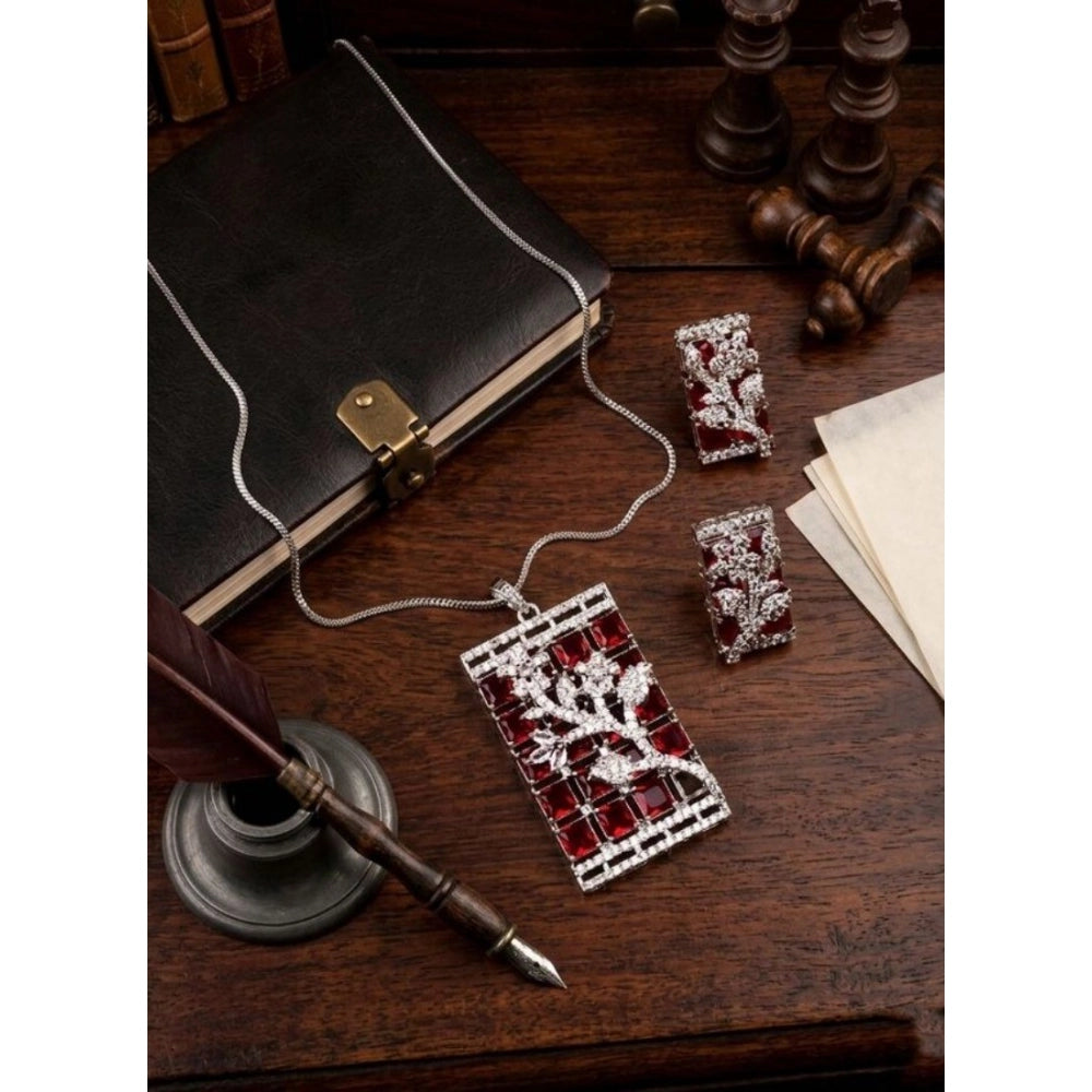 Generic Women's Brass Silver Plated Pendant Set (Red) Main image