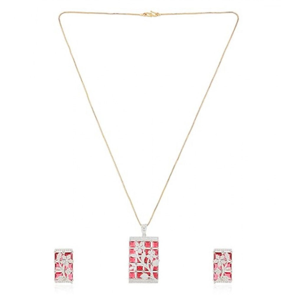 Generic Women's Brass Silver Plated Pendant Set (Red) Secondary image