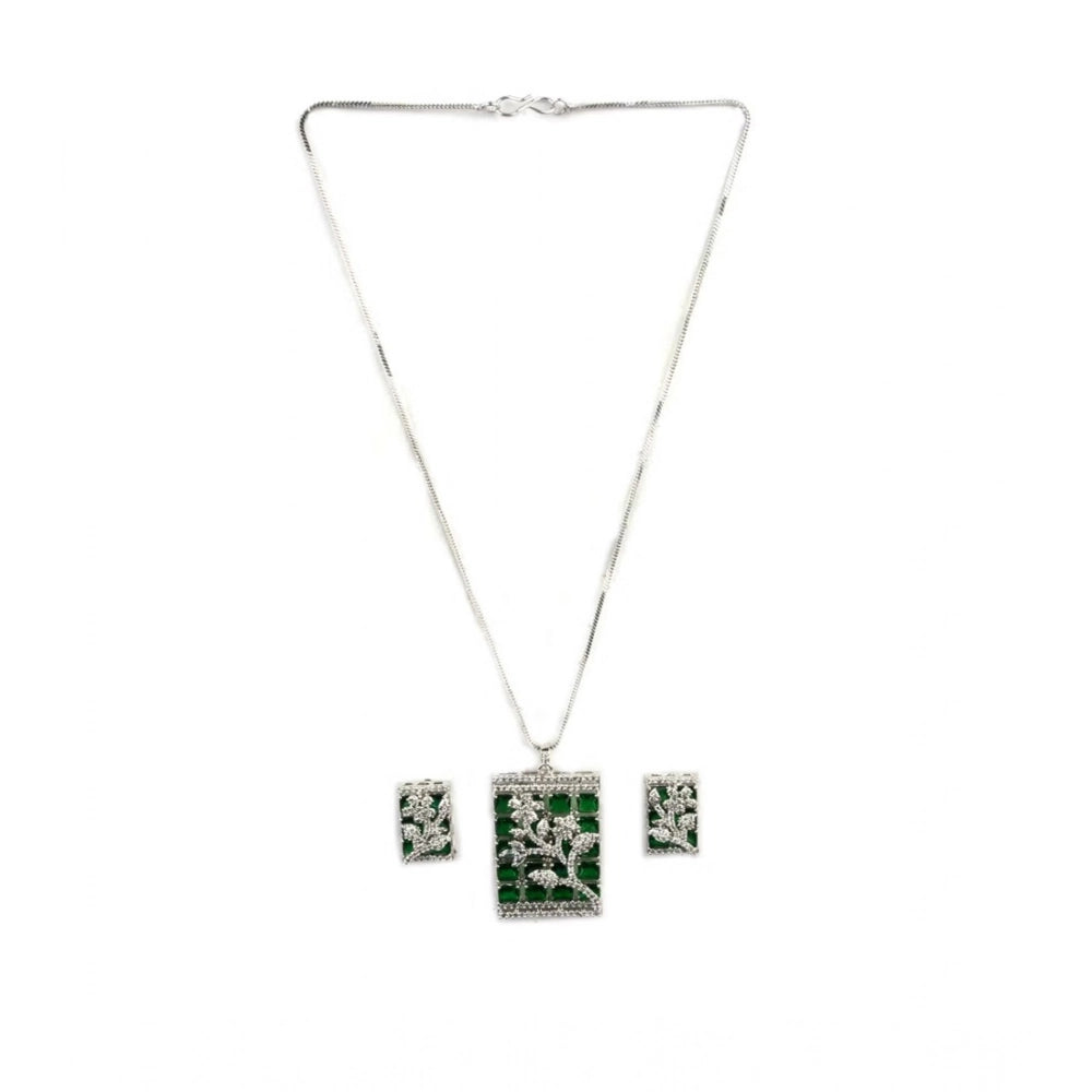 Generic Women's Brass Silver Plated Pendant Set (Green) Secondary image