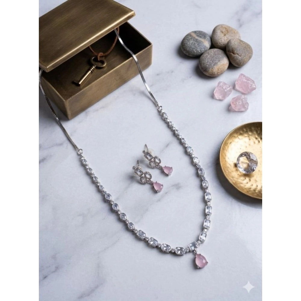 Generic Women's Brass Silver Plated Necklace set (Pink) Main image
