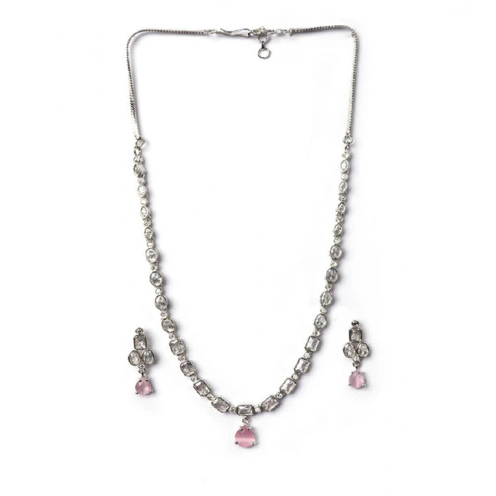 Generic Women's Brass Silver Plated Necklace set (Pink) Secondary image