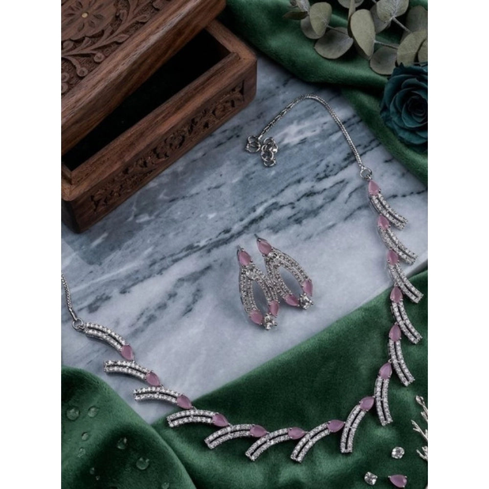 Generic Women's Brass Silver Plated Necklace set (Pink) Main image