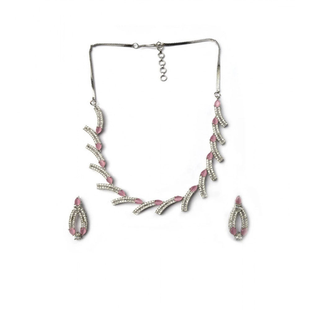 Generic Women's Brass Silver Plated Necklace set (Pink) Secondary image