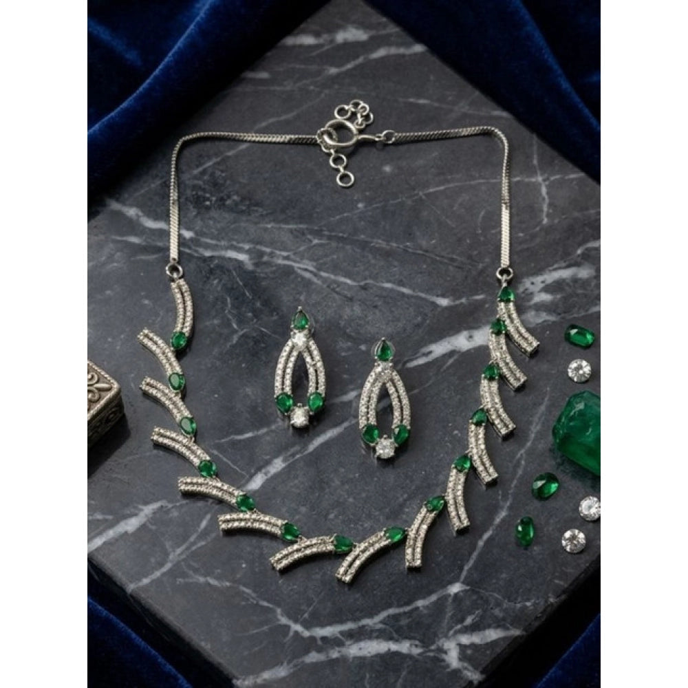 Generic Women's Brass Silver Plated Necklace set (Green) Main image